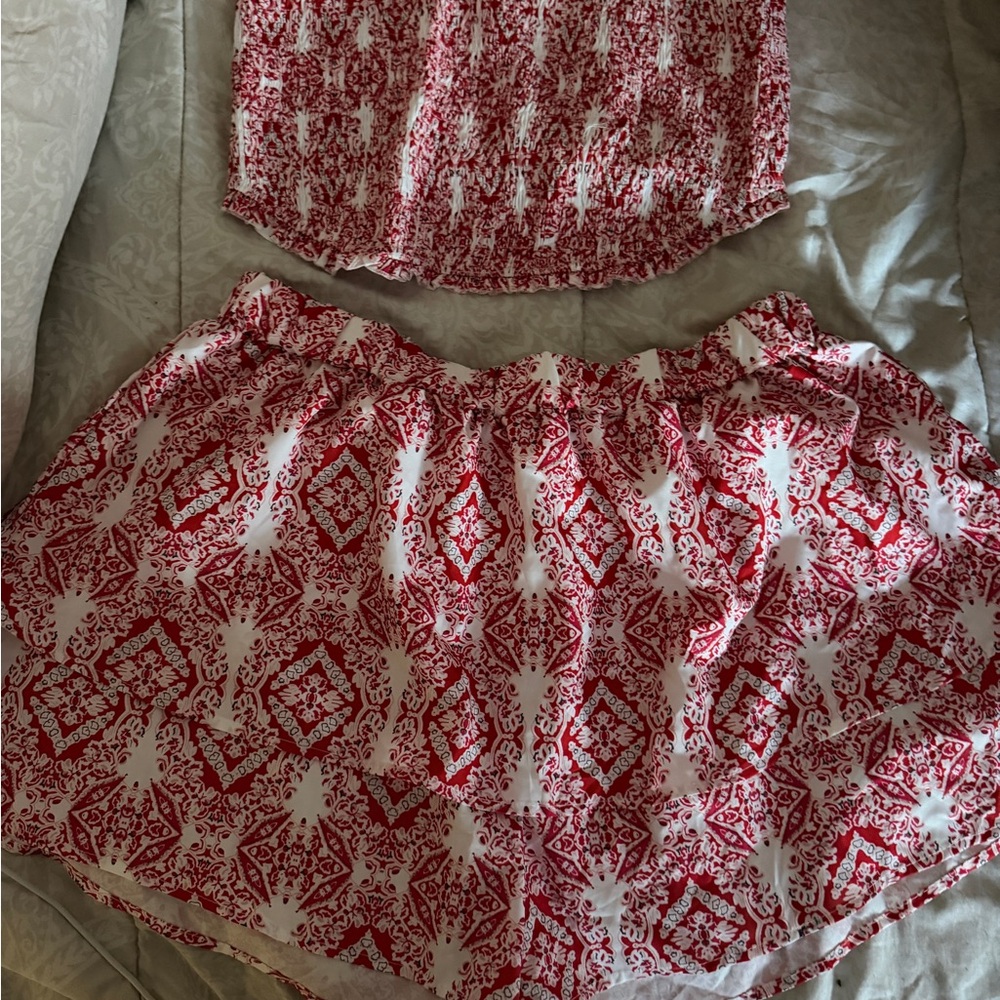 Red and White Printed Two-Piece Set